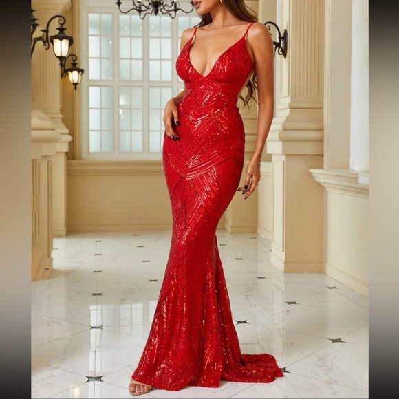 Luxe mermaid hem backless party formal evening sequins gown dress - Picture 7 of 7